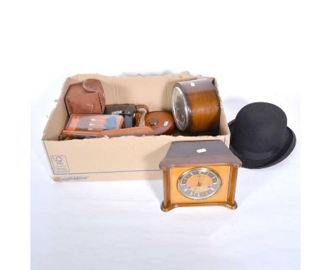 Two Smiths mantel clocks; a pair of Soviet binoculars; another pair of binoculars; box camera; Halina camera; Chesterman's ta