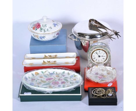 Wedgwood bone china mantel clock, Humming Birds pattern, quartz movement; other items of boxed decorative china; and a Derby 