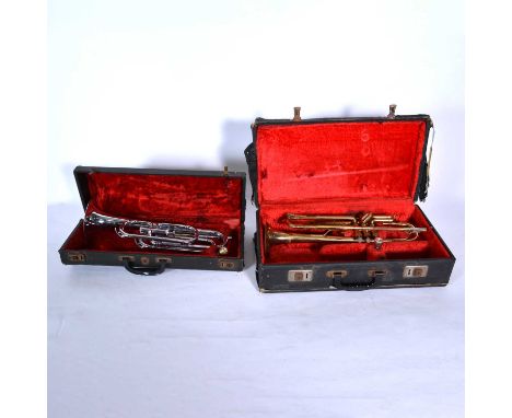 Ludwig single valve bugle and a Zenith trumpet, both cased, as found.