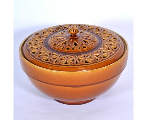 Linthorpe Pottery, a large pot pourri bowl and pierced cover with lattice work design, influenced by Christopher Dresser, sta