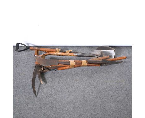 A collection of vintage garden tools, spades, shovels, hoes, forks, etc
