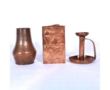 Three items of Arts and Crafts copperware, including a Dryad of Leicester vase, stamped 'Dryad Lester 286'20cm; a Newlyn styl