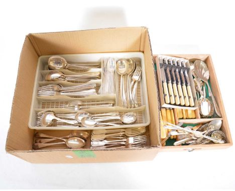 A collection of silver-plated cutlery, to include knives; forks; spoons; pair of fruit serving spoons; lobster picks; caddy s