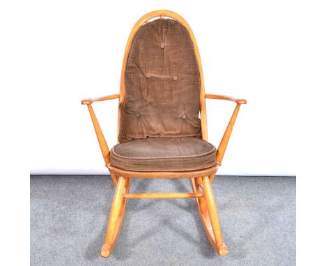 Ercol Quaker Rocking Chair, elm and beech frame, loose cushions, height 85cm.Condition report:Back slats are all good with no