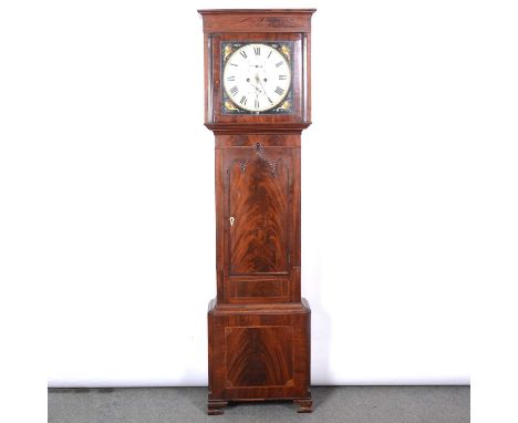 Mahogany longcase clock, the hood with cavetto cornice, square columns, trunk with lancet arched door, bracket feet, 14" squa