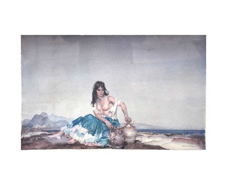After William Russell Flint, Seated Spanish Woman with amphoras,colour print, signed in pencil,image 40 x 63cm; framed and gl