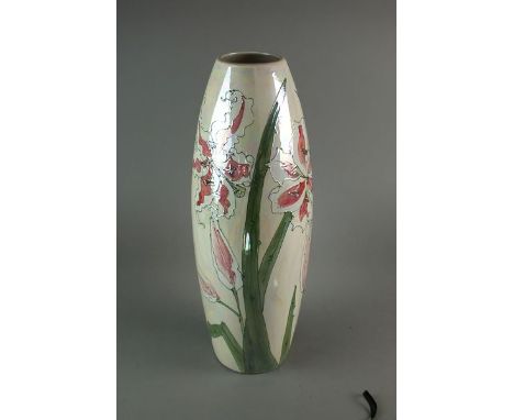 Lise B Moorcroft, 20th/21st century A tall vase tubelined in pastels with lillies, signed to the unglazed base, 53cm high, so