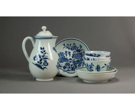 Three half-size Worcester porcelain tea-bowls and saucers, circa 1785-90, transfer-printed in underglaze blue with the Three 