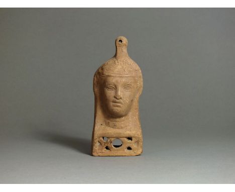 Greco-Egyptian lamp holder; ceramic; 3rd - 1st century BC; lamp holder in the form of the bust of a youthful Dionysos, wearin