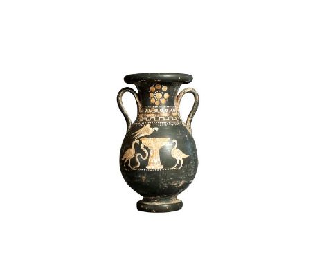 South Italian, Apulian, black glazed vase; flared mouth with rolled rim; neck decorated with rosette motif to either side; sh