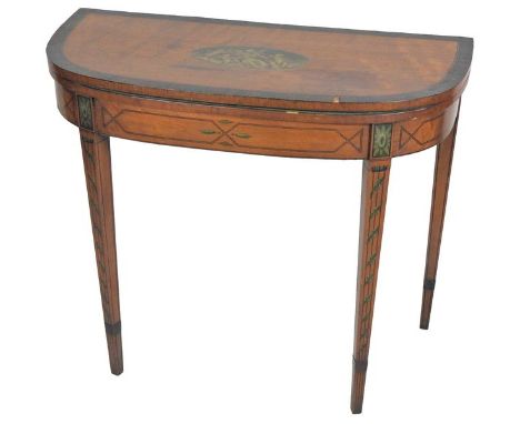 A Regency rosewood crossbanded and painted satinwood card table, the D-shaped top centred by an oval painted view of Victory 