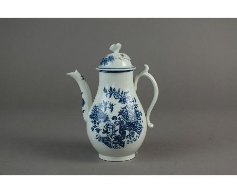 A Caughley porcelain coffee pot and cover, circa 1780-85, transfer-printed in underglaze blue with the Fenced Garden pattern,