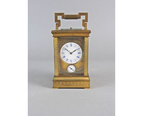 A French gilt brass repeating carriage clock, circa 1900, the 2 ¼” white dial with blue Roman numerals and subsidiary alarm d