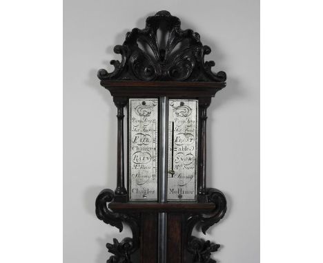 Charles Molliner: A George III mahogany stick barometer, the carved foliate open cresting above a silvered vernier scale insc