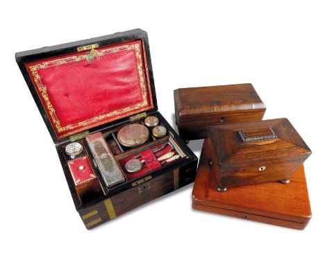 A Victorian rosewood and brass bound work box with gilt tooled Morocco leather lined interior and mirror to the inside cover,