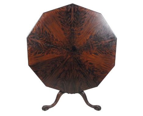 A ten sided mahogany tripod table, George III and later, the segmented flame mahogany veneered tilt top raised on fluted tape