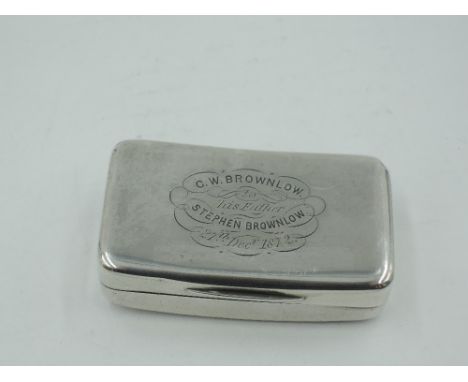 A Georgian silver snuff box of shaped oblong form having gilt interior and later inscription to hinged lid, Birmingham 1808, 