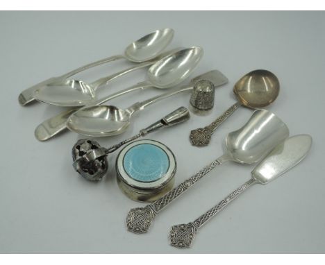 A selection of HM silver including small circular patch box with enamelled top, Georgian teaspoons, thimble, silver jam, suga