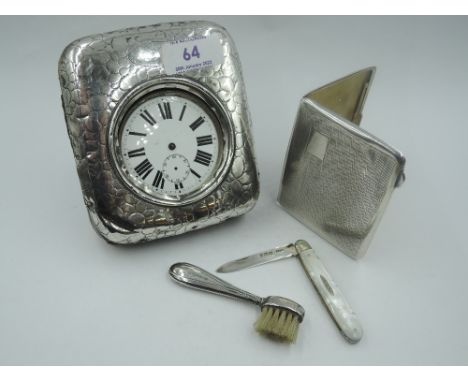 A selection of HM silver including folding fruit knife with mother of pearl handle, cigarette case having engine turned decor