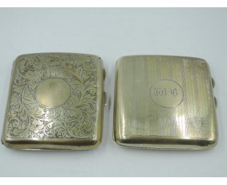 Two HM silver cigarette cases having scroll engraved and engine turned decoration, one still containing three vintage cigaret