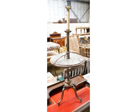 A polished gilt metal and marble tripod floor lamp, height 110cm