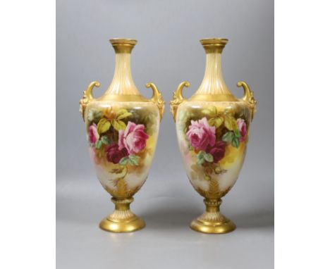 A pair of Royal Worcester rose painted vases, signed W. Hart - 34cm tall