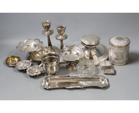 Assorted silver including a capstan inkwell, pair of dwarf candlesticks, pair of pedestal nut dishes, one other dish, christe