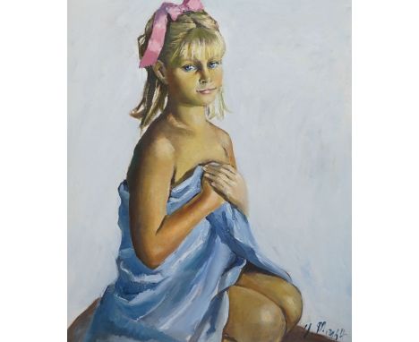 JM 1954, oil on canvas, Portrait of a girl with a ribbon in her hair, signed and dated, 76 x 62cm