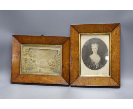 A 19th century silkwork embroidery in oak frame, and a print of Mrs Samuel Johnson, in oak frame