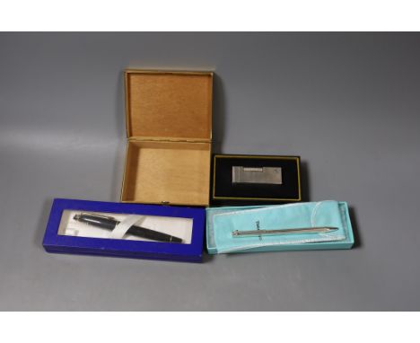 A Tiffany &amp; C pen, a Waterman pen, a Dunhill lighter and a Gucci box