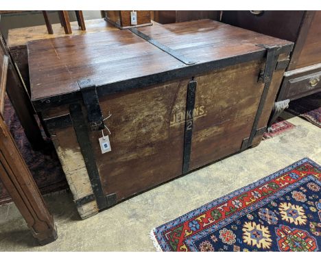 A Victorian iron bound teak trunk with zinc lined interior, width 110cm, depth 67cm, height 61cm