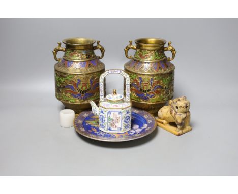 A pair of Japanese champleve enamel vases, a Canton enamel teapot, a jade archers thumb ring (6)