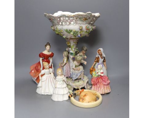 Five Royal Doulton figurines, a Hummel hanging and a Sitzendorf style table centre, 33cm tall