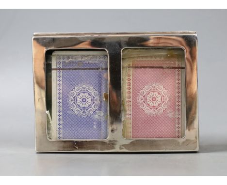 An Edwardian silver mounted and glazed twin compartment playing card box, Levi &amp; Salaman, Birmingham, 1904, 14.5cm (a.f.)