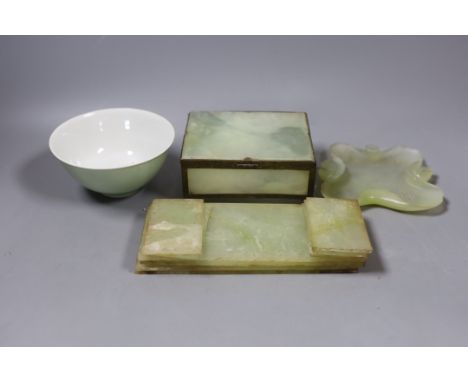 A group of Chinese bowenite jade items; a box, brushwasher etc and a porcelain bowl