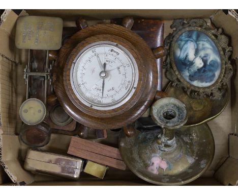 A quantity of mixed collectibles including a barometer, postage scales, tortoiseshell sewing kit etc.