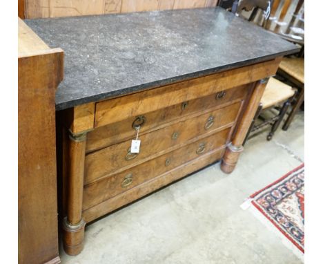 A 19th century French Empire style marble top walnut commode, width 130cm, depth 58cm, height 89cm