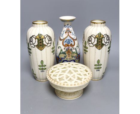 A pair of Ernst Wahliss Royal Vienna secessionist vases, a Worcester pot pourri and a French porcelain vase, tallest 22cm