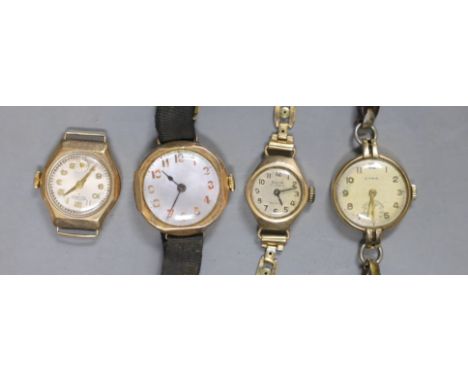 Four lady's assorted yellow metal manual wind wrist watches, including Cyma and Avia, two stamped 9ct gold.