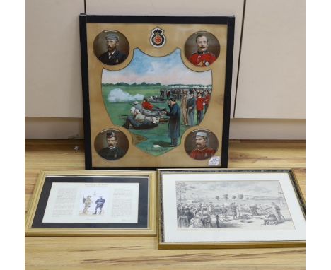 Three framed rifle association prints Including the Queens Prize chromolithograph, Bisley 1895 and 5 related books