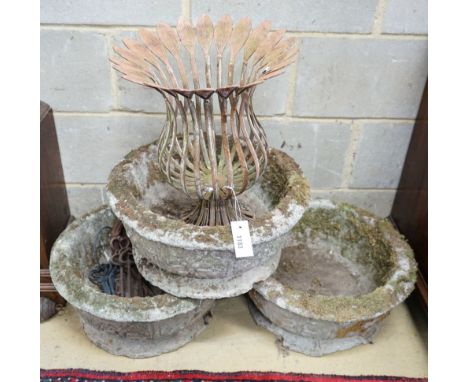 A set of three circular reconstituted stone garden planters, diameter 46cm, together with a metal planter and sundry garden o