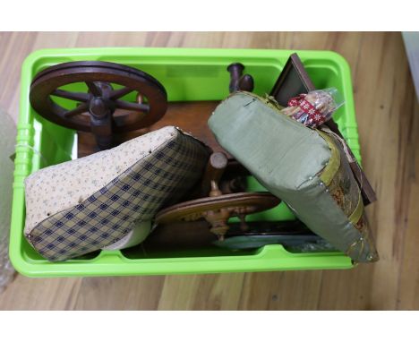 Two lace bobbin winders, two lace-maker's pillows, bobbins, etc