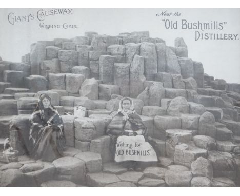 A monochrome advertising print for Old Bushmills Distillery, Giants Causeway, Wishing Chair, 39 x 52cm