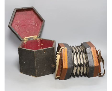 A cased Lachanel &amp; co. 21 button concertina, 106301 - box is 18cm high