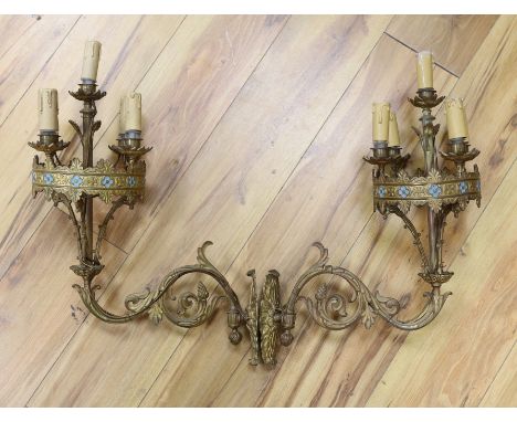 A pair of 5-light French neo Gothic brass wall sconces, 35cm deep