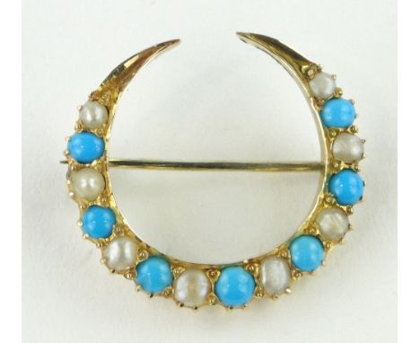 9ct gold turquoise and pearl set crescent brooch, 25mm across.