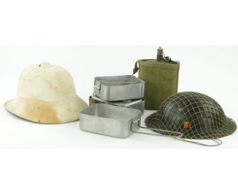 A Failsworth Hats pith helmet,
a steel helmet, 2 British Army mess tins 1945 and 1946 and a Second World War webbing water bo