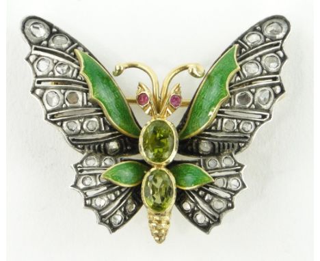 A peridot rose-cut diamond and enamel butterfly design brooch,
unmarked gold and silver settings, width 38mm.