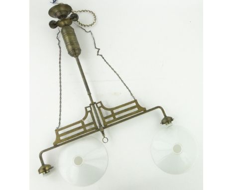 Handmade brass twin-branch rise-and-fall ceiling light
with white glass shades, height 34" overall.