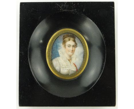 19th century miniature watercolour on ivory, 
portrait of a young lady, framed, height 4.3" overall.